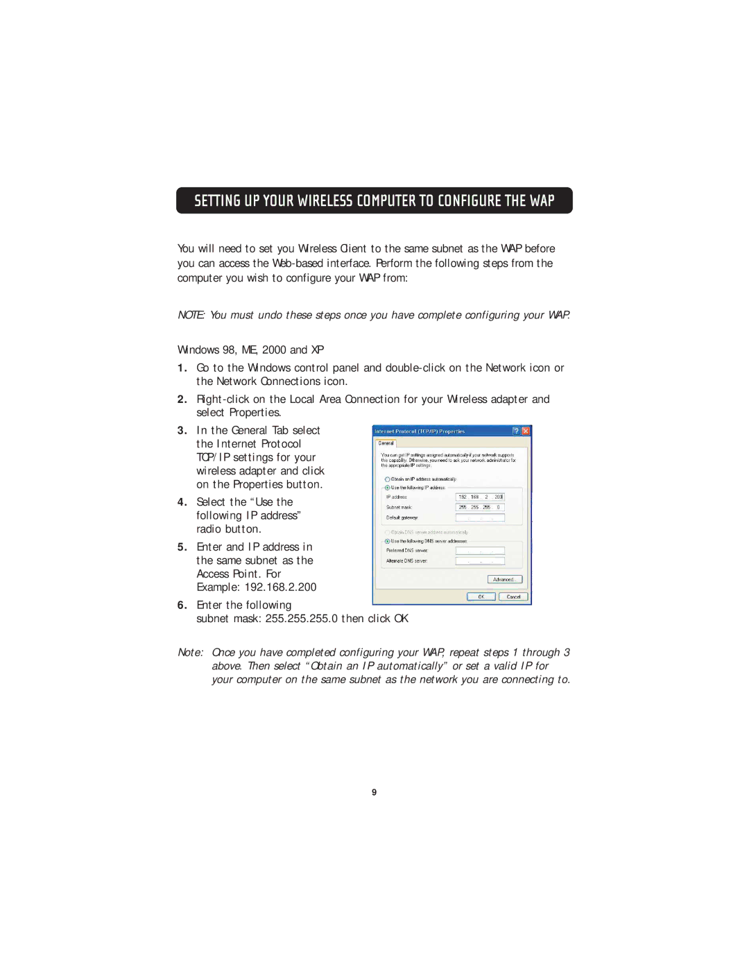 Belkin F5D7130 user manual Setting UP Your Wireless Computer to Configure the WAP 