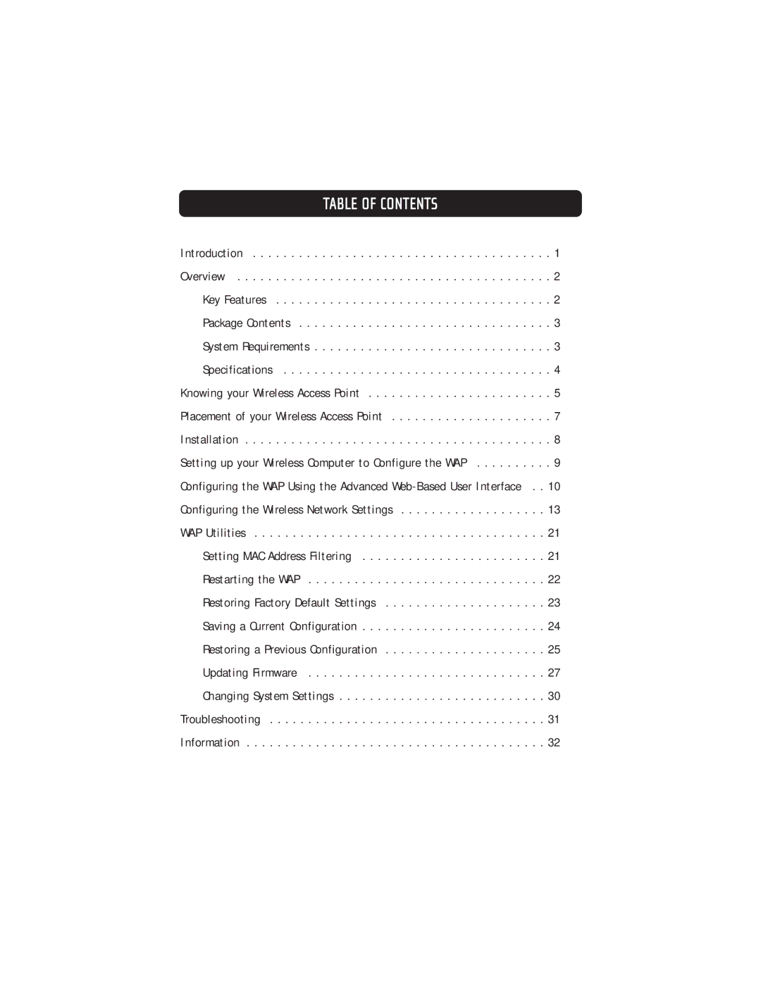 Belkin F5D7130 user manual Table of Contents 