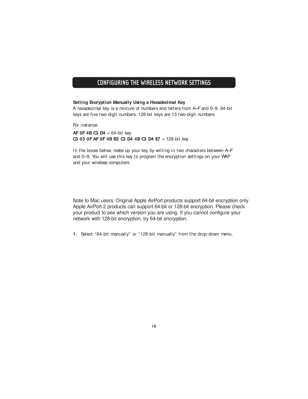 Belkin F5D7130 user manual Setting Encryption Manually Using a Hexadecimal Key 