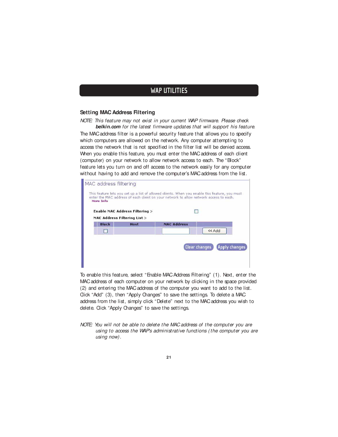 Belkin F5D7130 user manual WAP Utilities, Setting MAC Address Filtering 