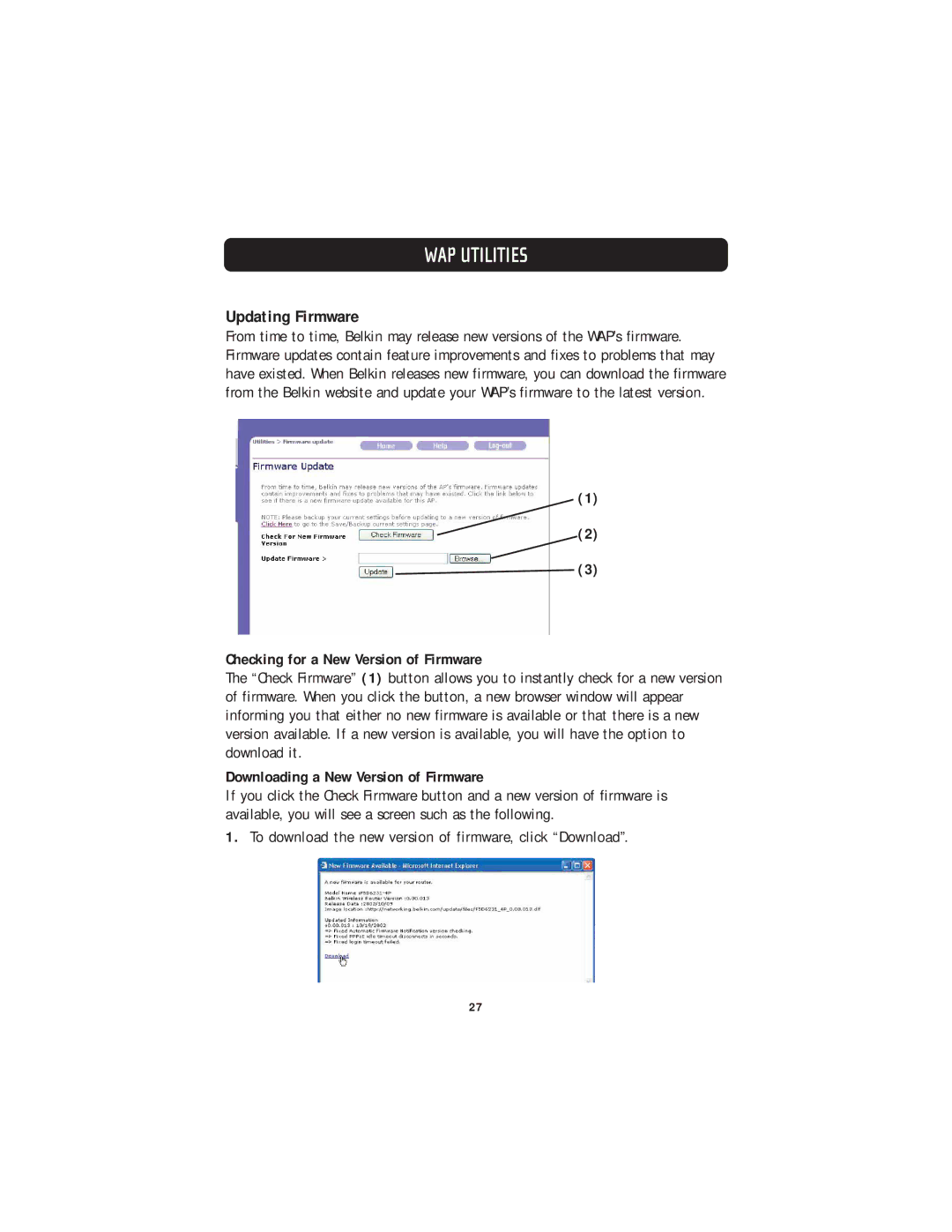 Belkin F5D7130 user manual Updating Firmware, Checking for a New Version of Firmware, Downloading a New Version of Firmware 