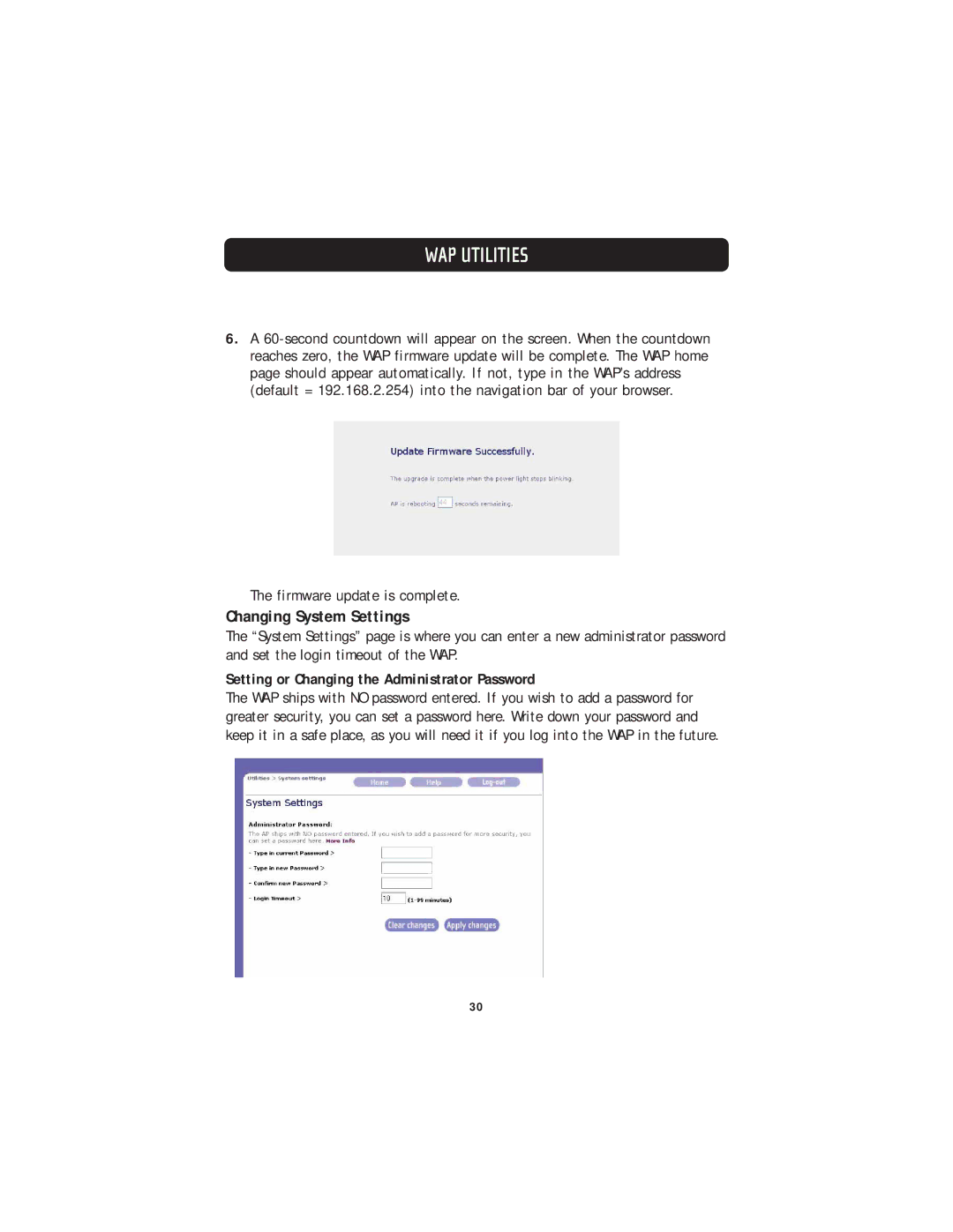 Belkin F5D7130 user manual Changing System Settings, Setting or Changing the Administrator Password 