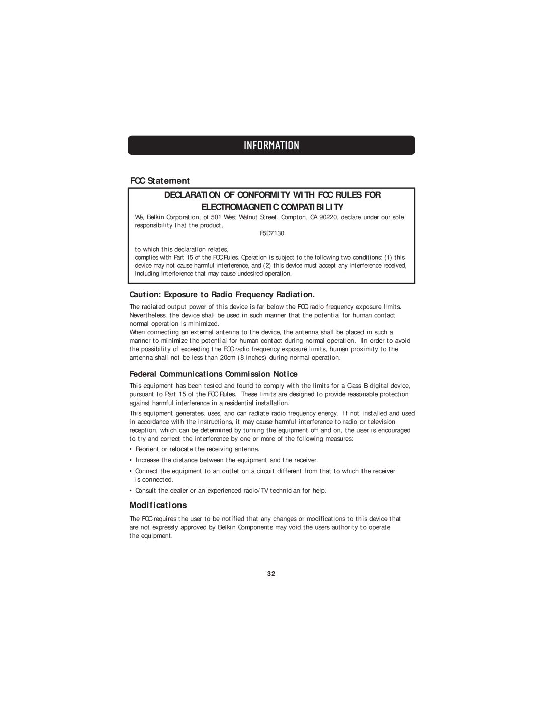 Belkin F5D7130 user manual Information, FCC Statement, Modifications, Federal Communications Commission Notice 