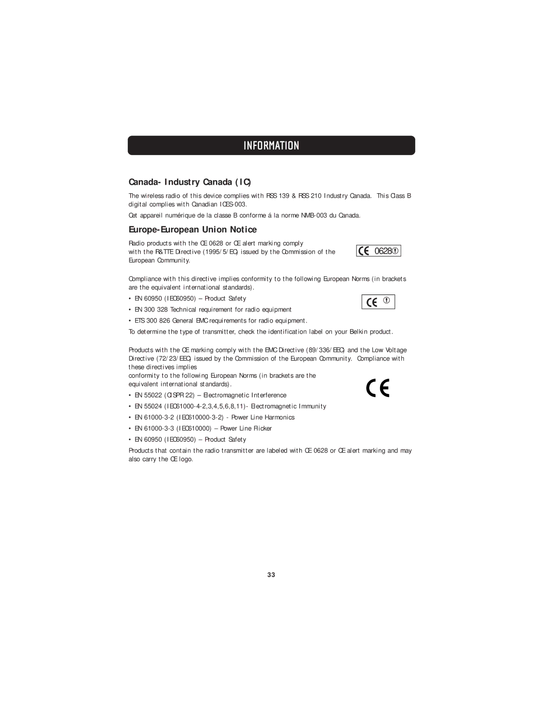 Belkin F5D7130 user manual Canada- Industry Canada IC, Europe-European Union Notice 