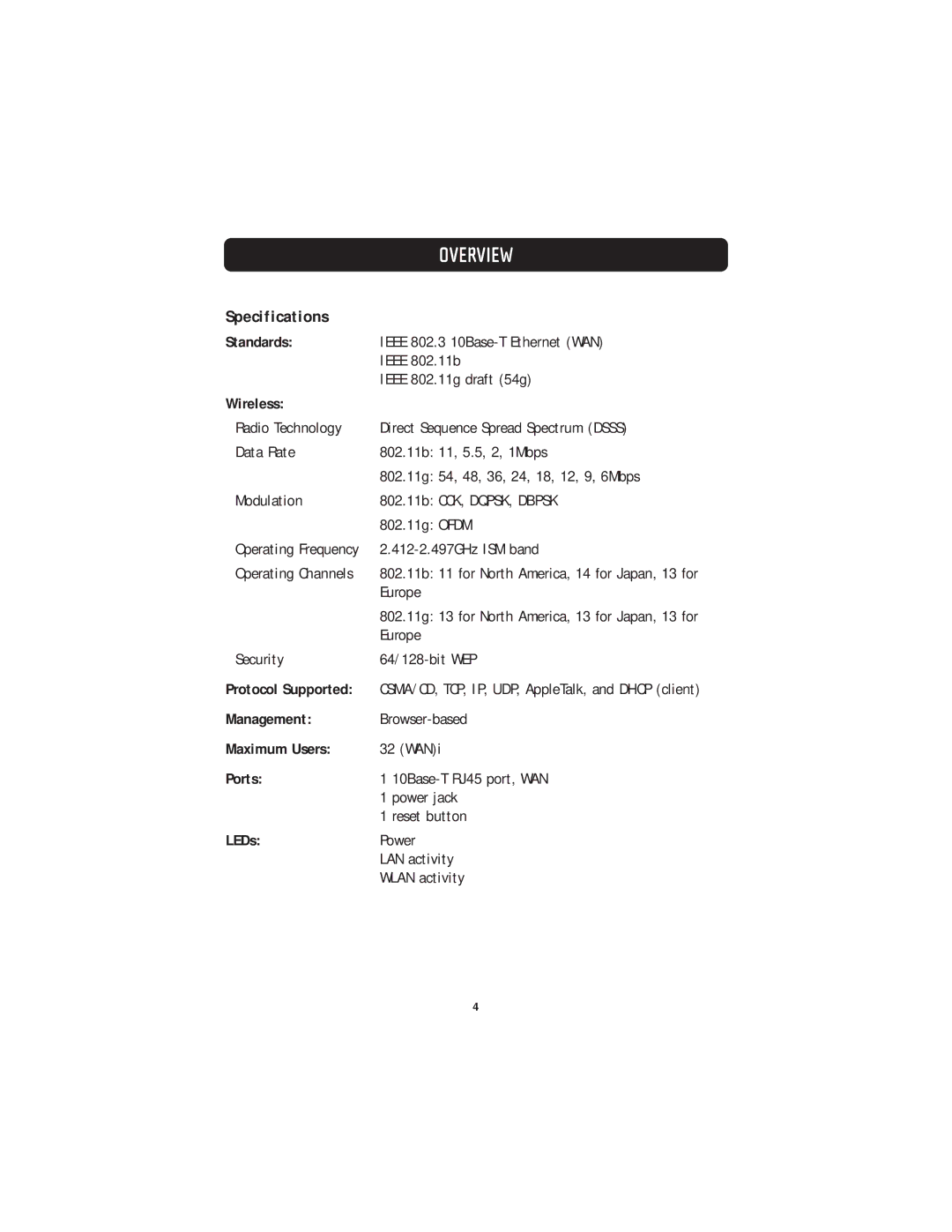 Belkin F5D7130 user manual Specifications 