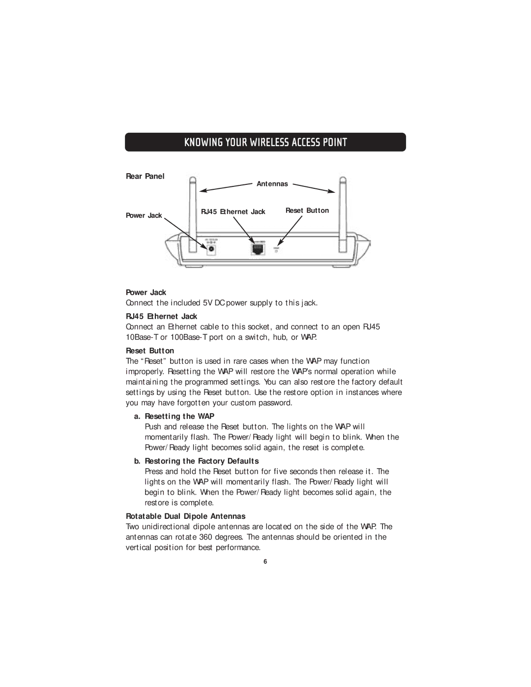 Belkin F5D7130 Rear Panel, Power Jack, RJ45 Ethernet Jack, Reset Button, Resetting the WAP, Restoring the Factory Defaults 