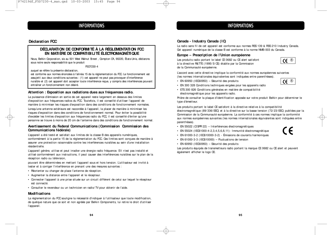 Belkin F5D7230-4 manual Informations, Déclaration FCC, Modifications, Europe Prescription de l’Union européenne 