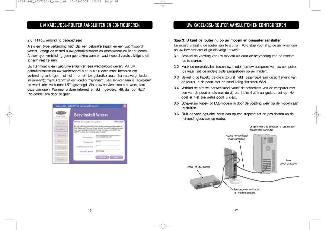 Belkin F5D7230-4 manual Bestaande netwerkkabel bij modem geleverd 