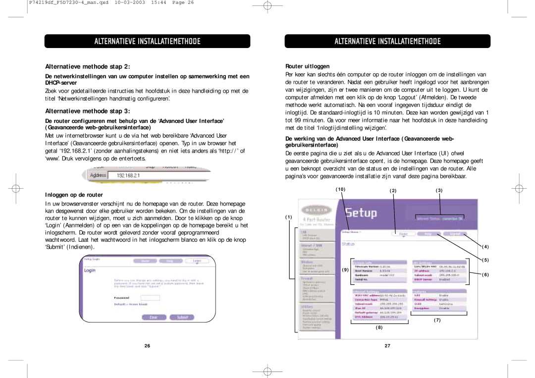 Belkin F5D7230-4 manual Router uitloggen, Inloggen op de router 