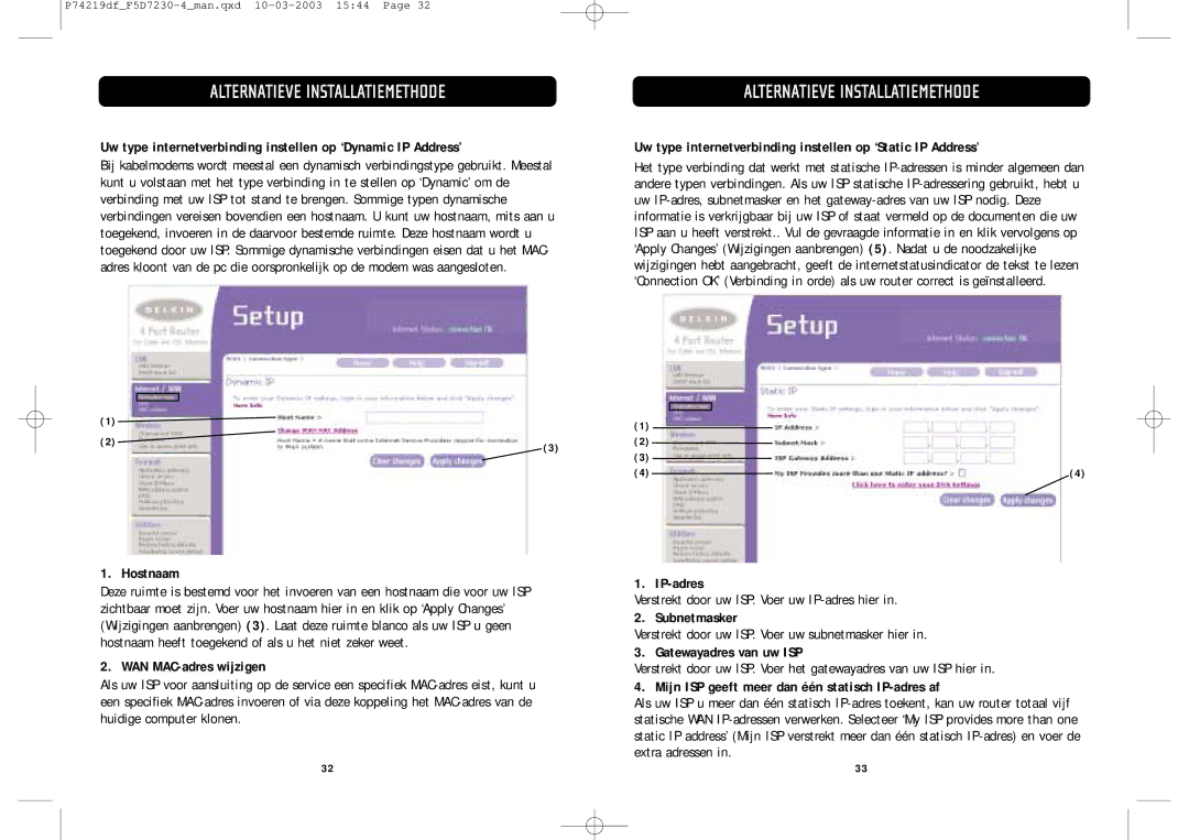 Belkin F5D7230-4 Uw type internetverbinding instellen op ‘Static IP Address’, Hostnaam, WAN MAC-adres wijzigen, IP-adres 