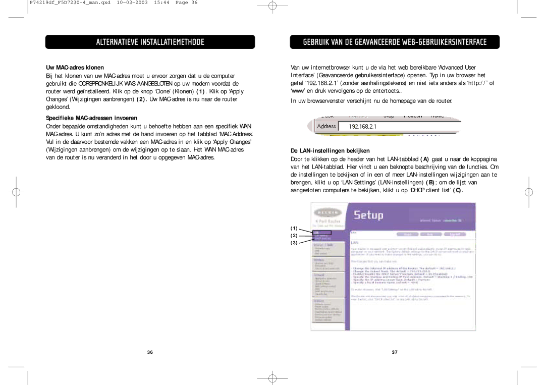 Belkin F5D7230-4 manual Uw MAC-adres klonen, Specifieke MAC-adressen invoeren, De LAN-instellingen bekijken 
