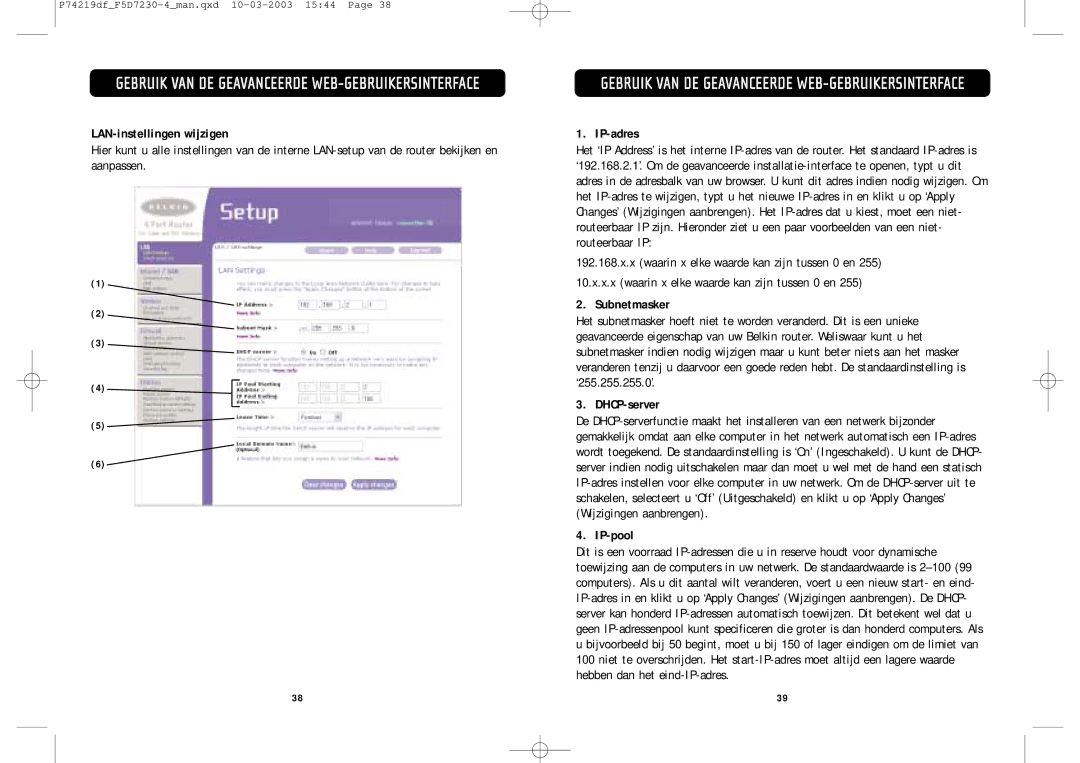 Belkin F5D7230-4 manual LAN-instellingen wijzigen, DHCP-server, IP-pool 