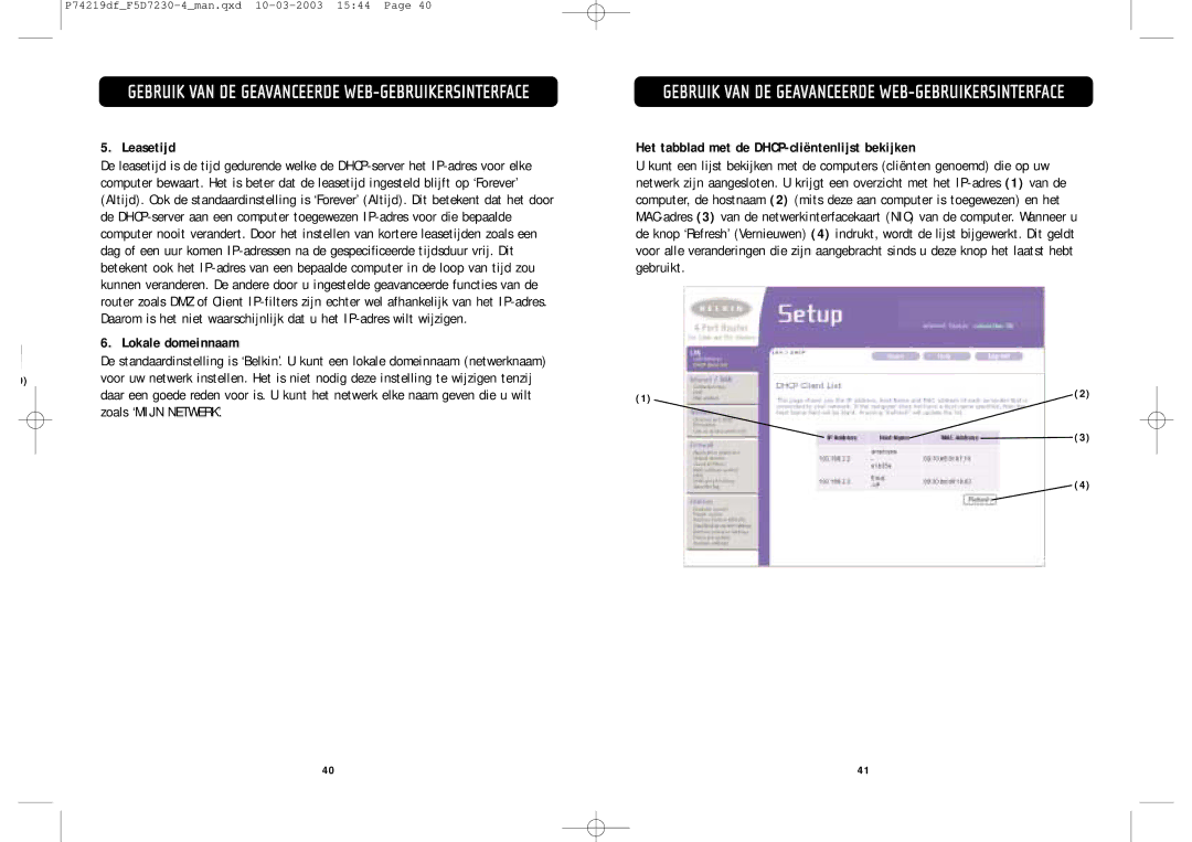 Belkin F5D7230-4 manual Leasetijd, Lokale domeinnaam, Het tabblad met de DHCP-cliëntenlijst bekijken 