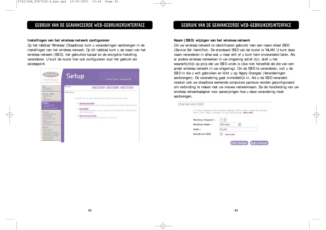 Belkin F5D7230-4 manual Instellingen van het wireless netwerk configureren, Naam Ssid wijzigen van het wireless netwerk 