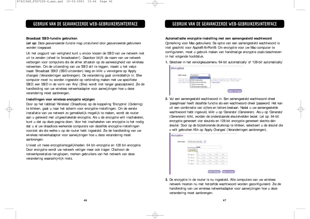 Belkin F5D7230-4 manual Broadcast SSID-functie gebruiken, Instellingen voor wireless encryptie wijzigen 
