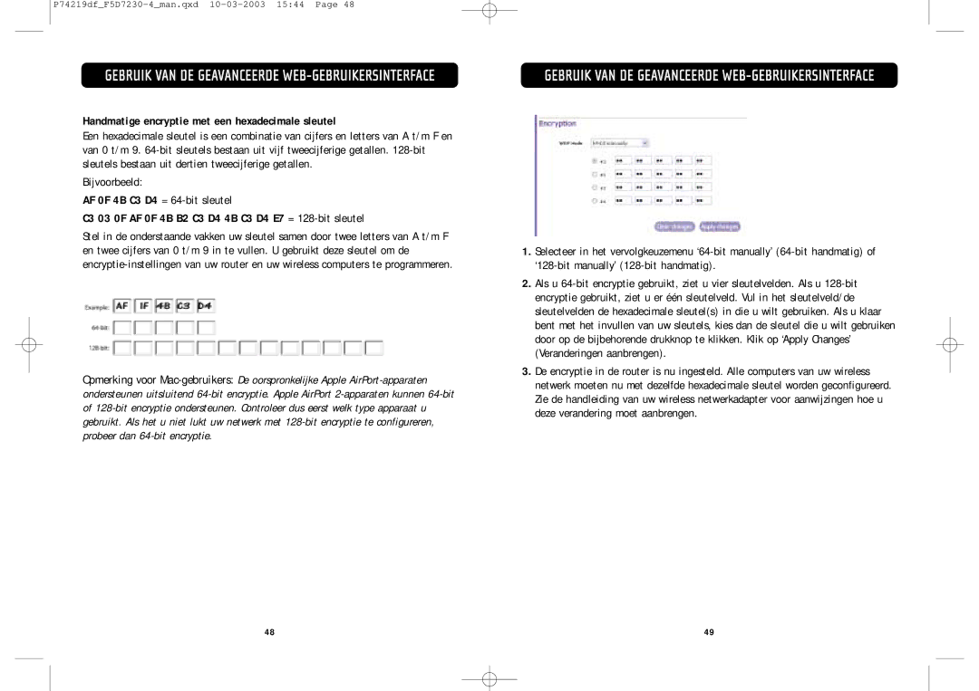 Belkin F5D7230-4 manual Handmatige encryptie met een hexadecimale sleutel 