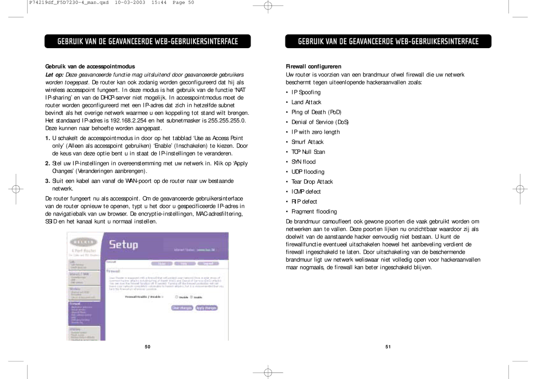Belkin F5D7230-4 manual Gebruik van de accesspointmodus, Firewall configureren 