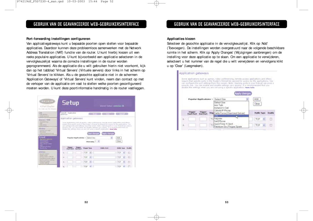 Belkin F5D7230-4 manual Port-forwarding instellingen configureren, Applicaties kiezen 