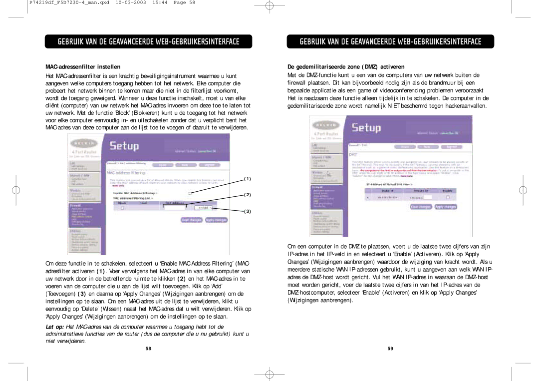 Belkin F5D7230-4 manual MAC-adressenfilter instellen, De gedemilitariseerde zone DMZ activeren 