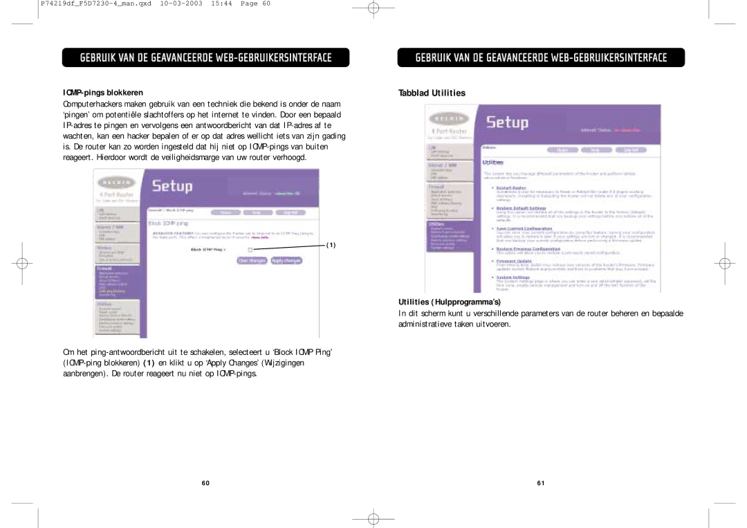 Belkin F5D7230-4 manual Tabblad Utilities, ICMP-pings blokkeren, Utilities Hulpprogramma’s 