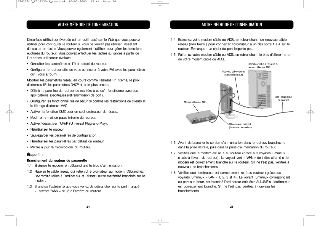 Belkin F5D7230-4 manual Autre Méthode DE Configuration, Étape, Branchement du routeur de passerelle 