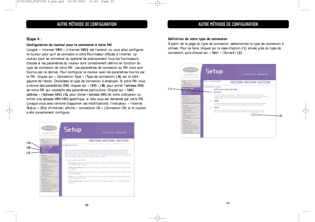 Belkin F5D7230-4 manual Configuration du routeur pour la connexion à votre FAI, Définition de votre type de connexion 