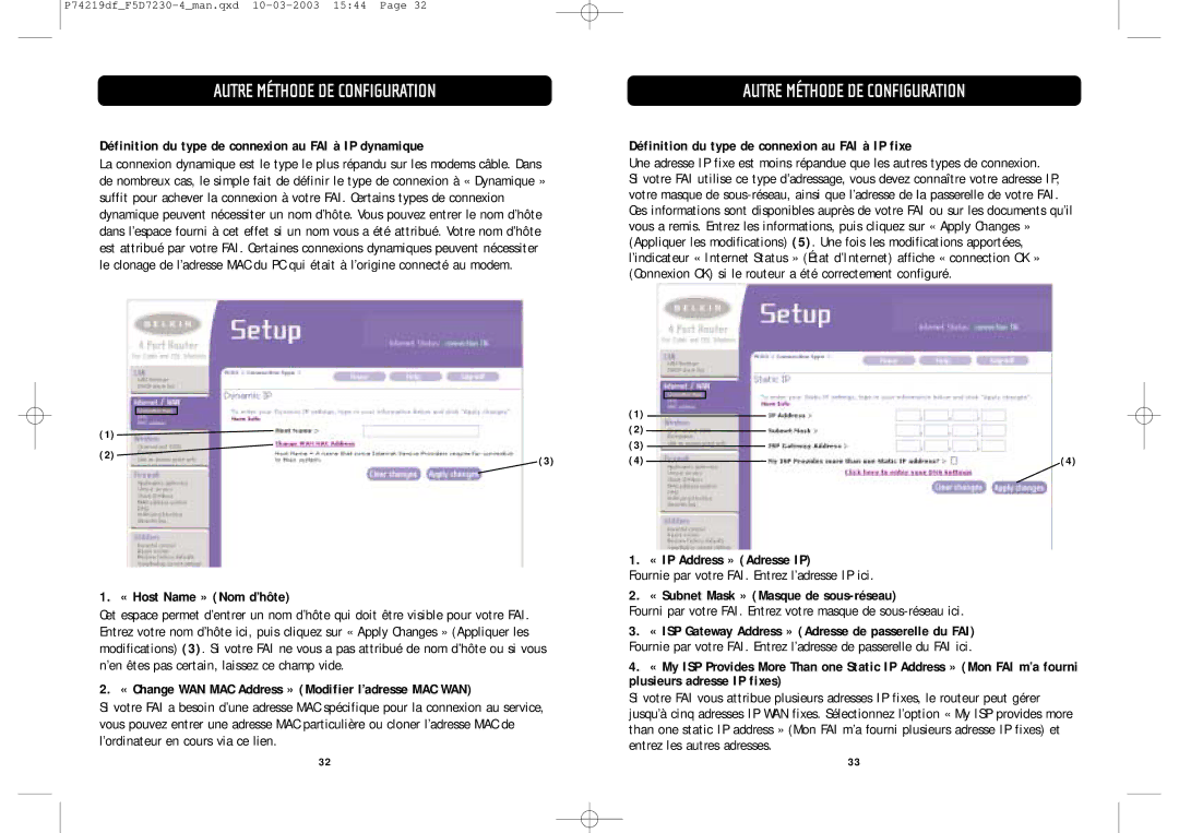 Belkin F5D7230-4 manual Définition du type de connexion au FAI à IP dynamique, « Host Name » Nom d’hôte 