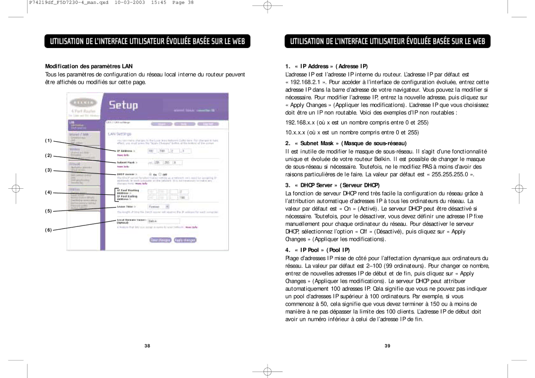 Belkin F5D7230-4 manual Modification des paramètres LAN, « Dhcp Server » Serveur Dhcp, « IP Pool » Pool IP 