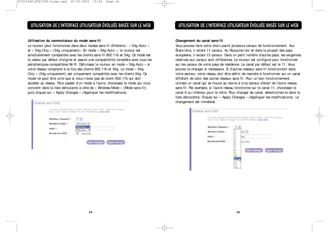 Belkin F5D7230-4 manual Utilisation du commutateur du mode sans fil, Changement du canal sans fil 