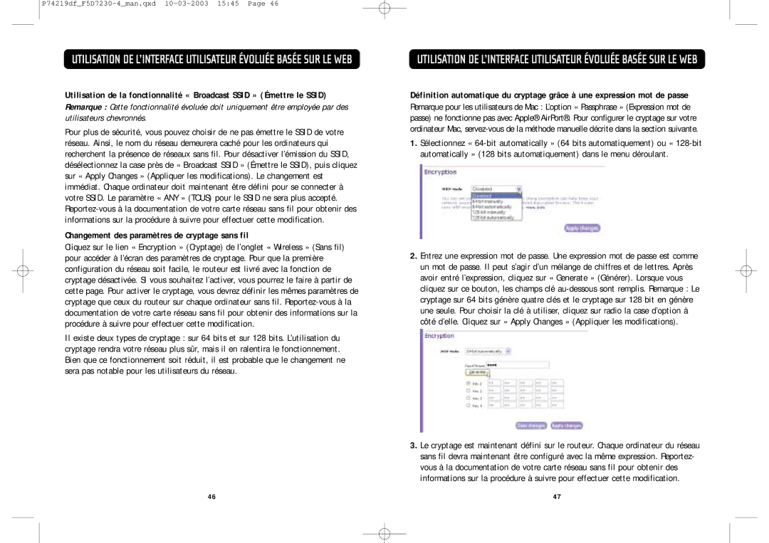 Belkin F5D7230-4 manual Changement des paramètres de cryptage sans fil 