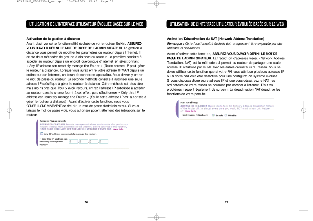 Belkin F5D7230-4 manual Activation de la gestion à distance, Activation/Désactivation du NAT Network Address Translation 
