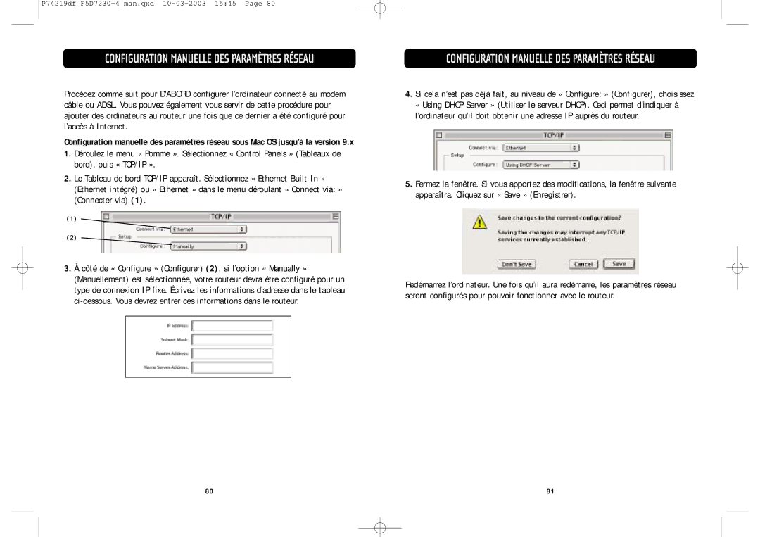 Belkin F5D7230-4 manual Configuration Manuelle DES Paramètres Réseau 