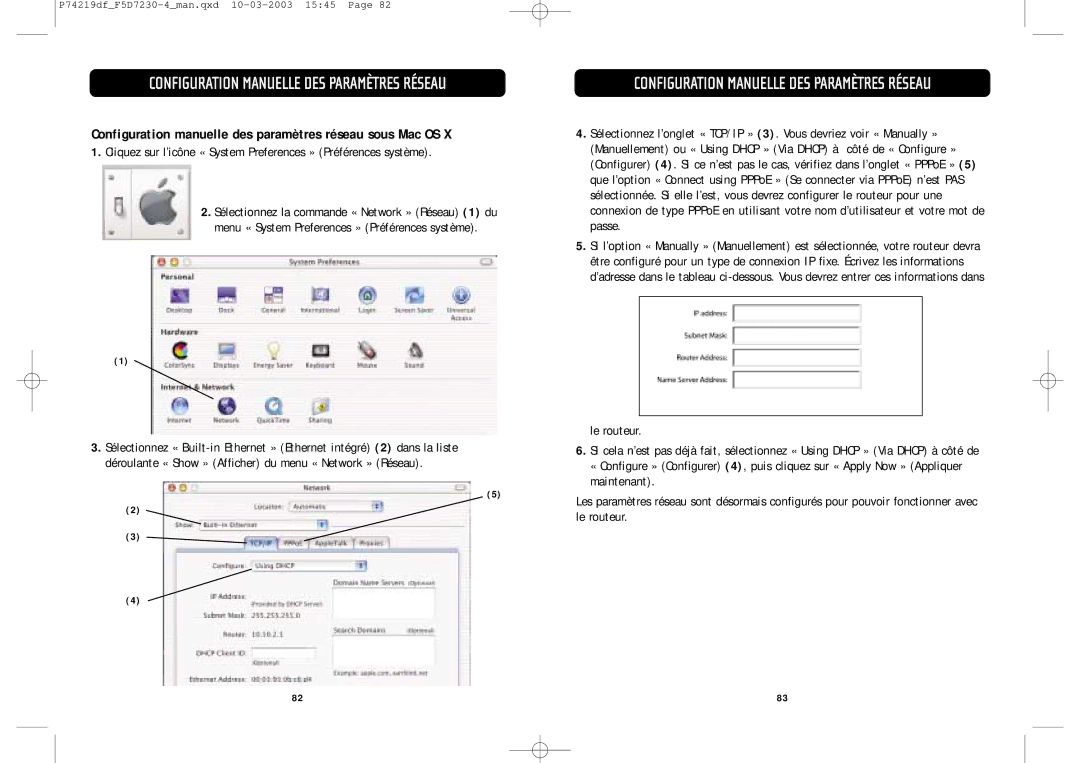 Belkin F5D7230-4 manual Configuration manuelle des paramètres réseau sous Mac OS 