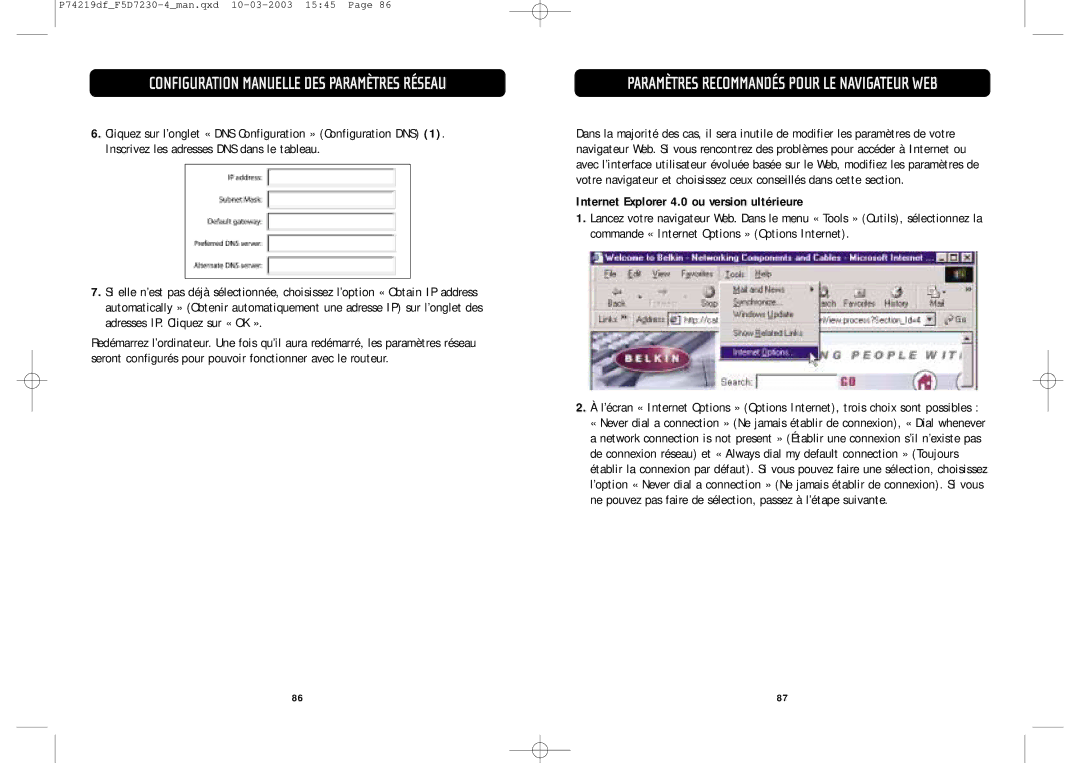 Belkin F5D7230-4 manual Paramètres Recommandés Pour LE Navigateur WEB, Internet Explorer 4.0 ou version ultérieure 