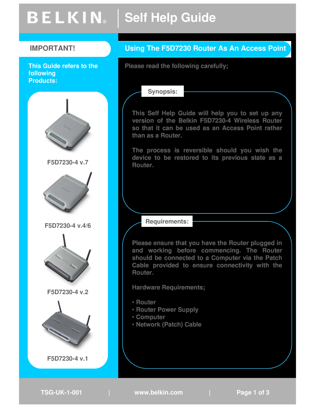 Belkin manual Self Help Guide, Using The F5D7230 Router As An Access Point, This Guide refers to the following Products 