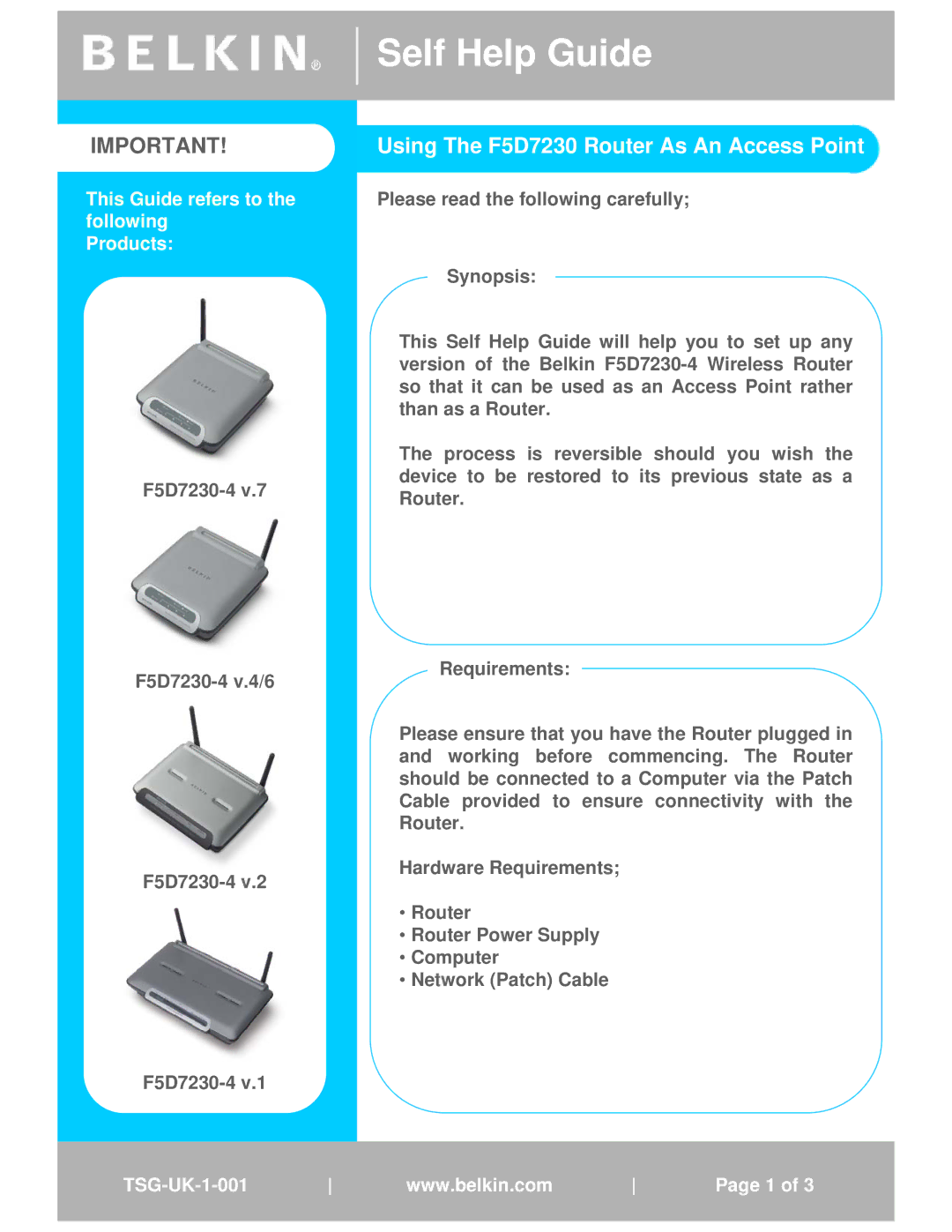 Belkin manual Self Help Guide, Using The F5D7230 Router As An Access Point 