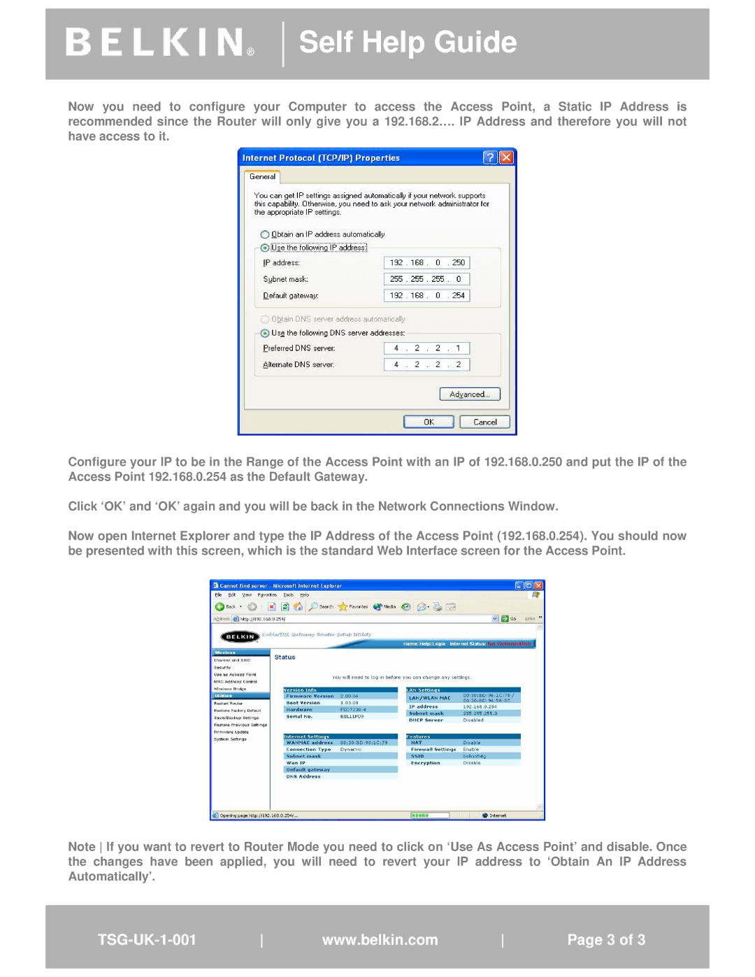 Belkin F5D7230 manual Self Help Guide 