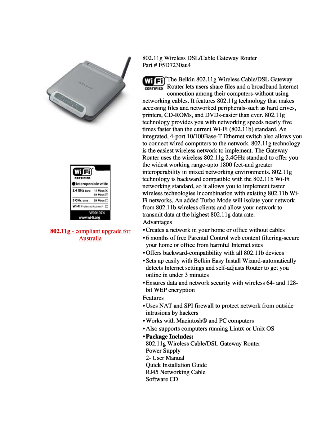 Belkin F5D7230AU4 warranty Wireless 802.11g All-In-One Print Server, Check out our other 802.11g networking solutions 