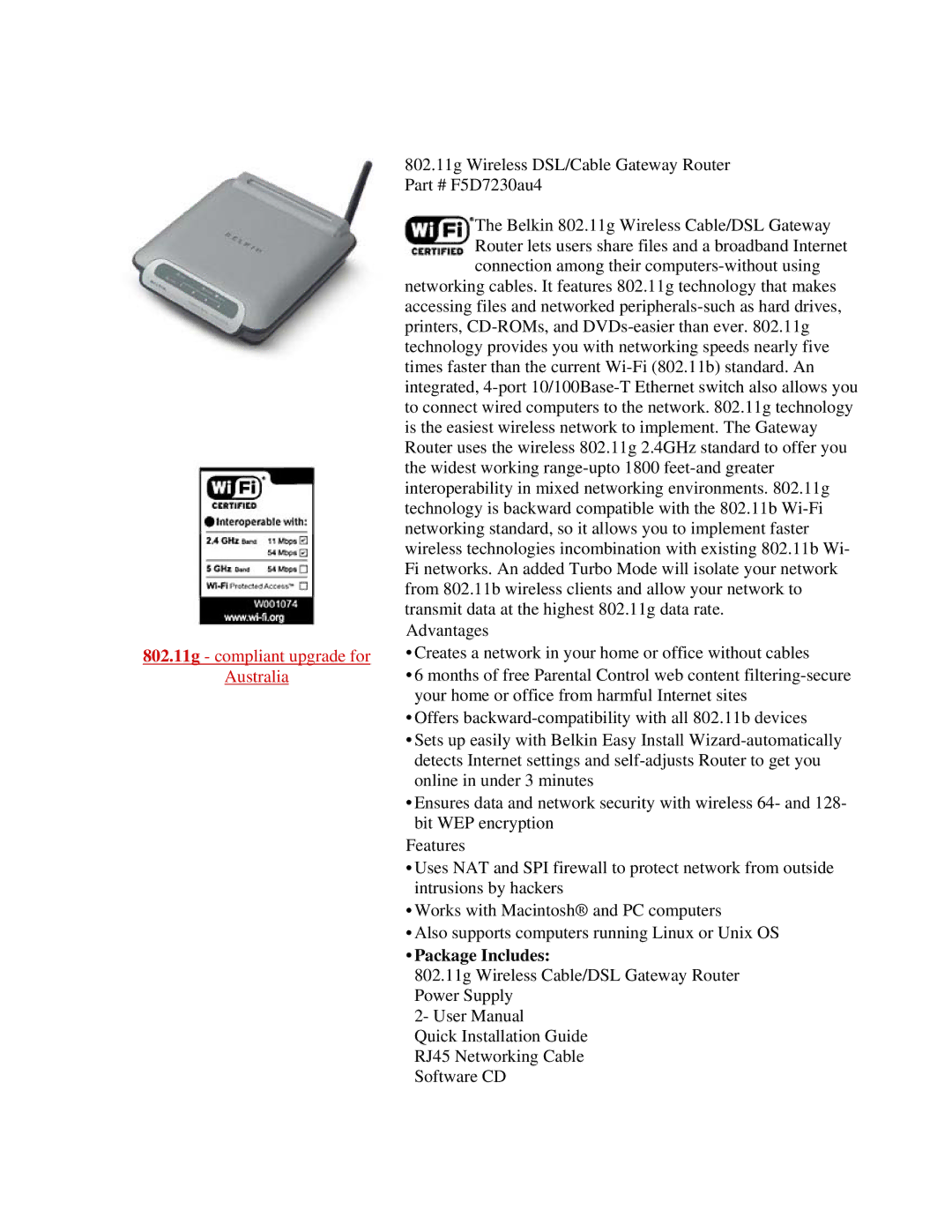 Belkin F5D7230AU4 user manual 802.11g compliant upgrade for Australia, Package Includes 