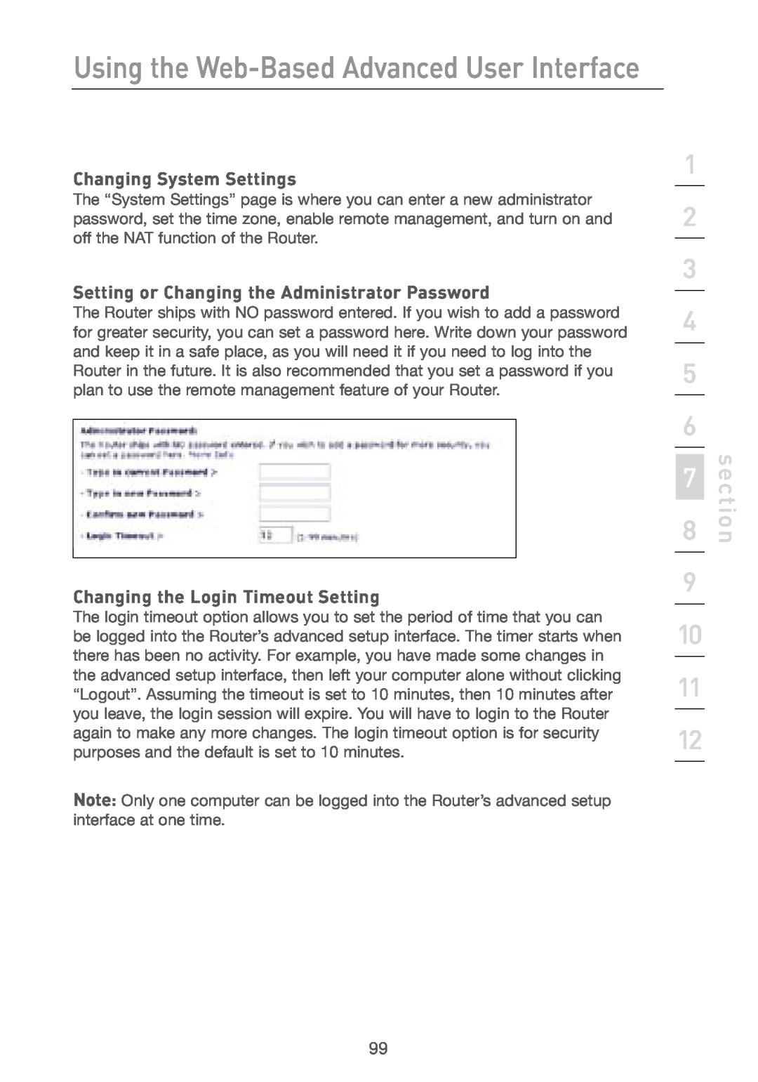 Belkin F5D7230AU4P user manual Changing System Settings, Setting or Changing the Administrator Password, section 