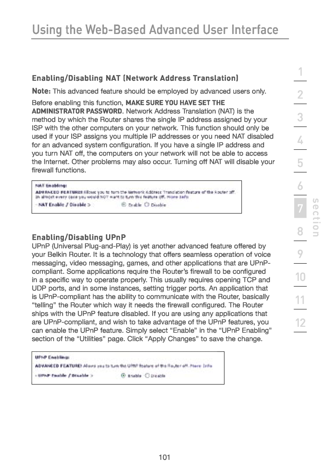 Belkin F5D7230AU4P user manual Enabling/Disabling NAT Network Address Translation, Enabling/Disabling UPnP, section 