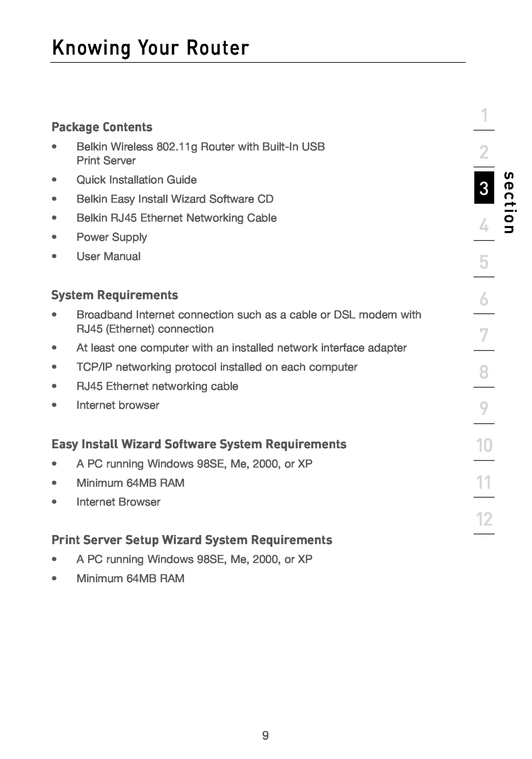 Belkin F5D7230AU4P user manual Knowing Your Router, Package Contents, System Requirements, section 