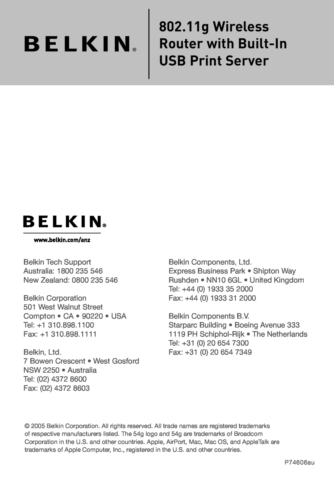 Belkin F5D7230AU4P user manual 802.11g Wireless Router with Built-In USB Print Server, Belkin Tech Support 