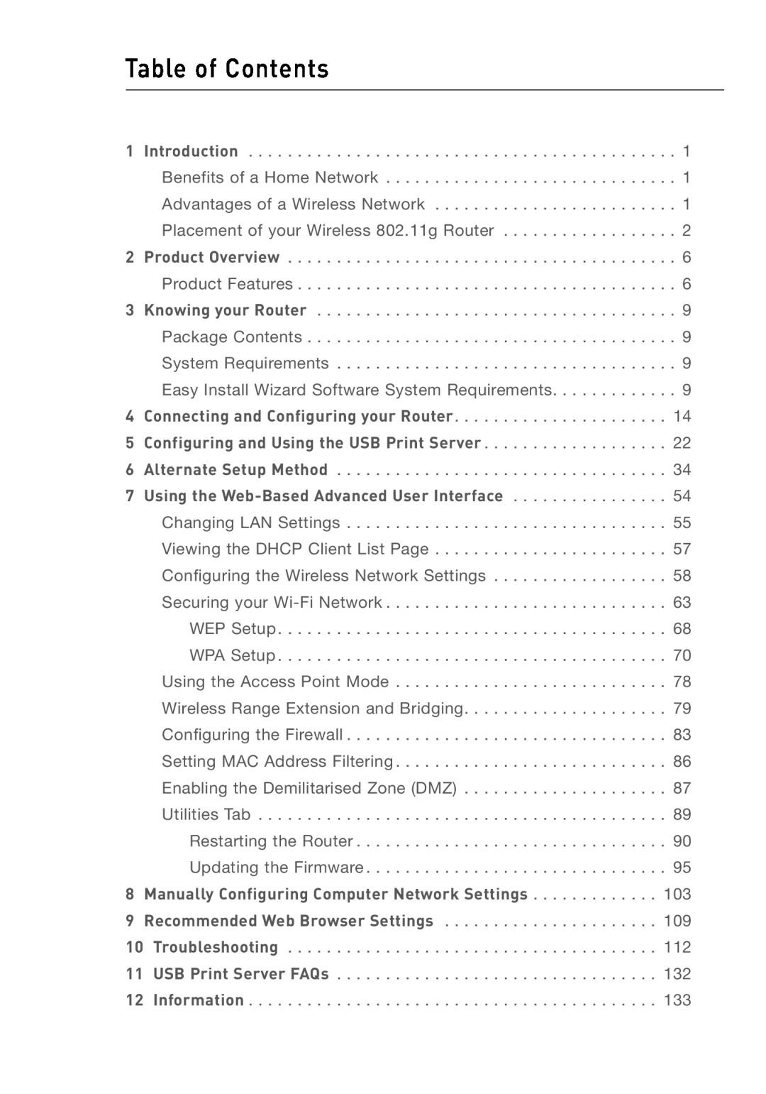 Belkin F5D7230AU4P user manual Table of Contents 