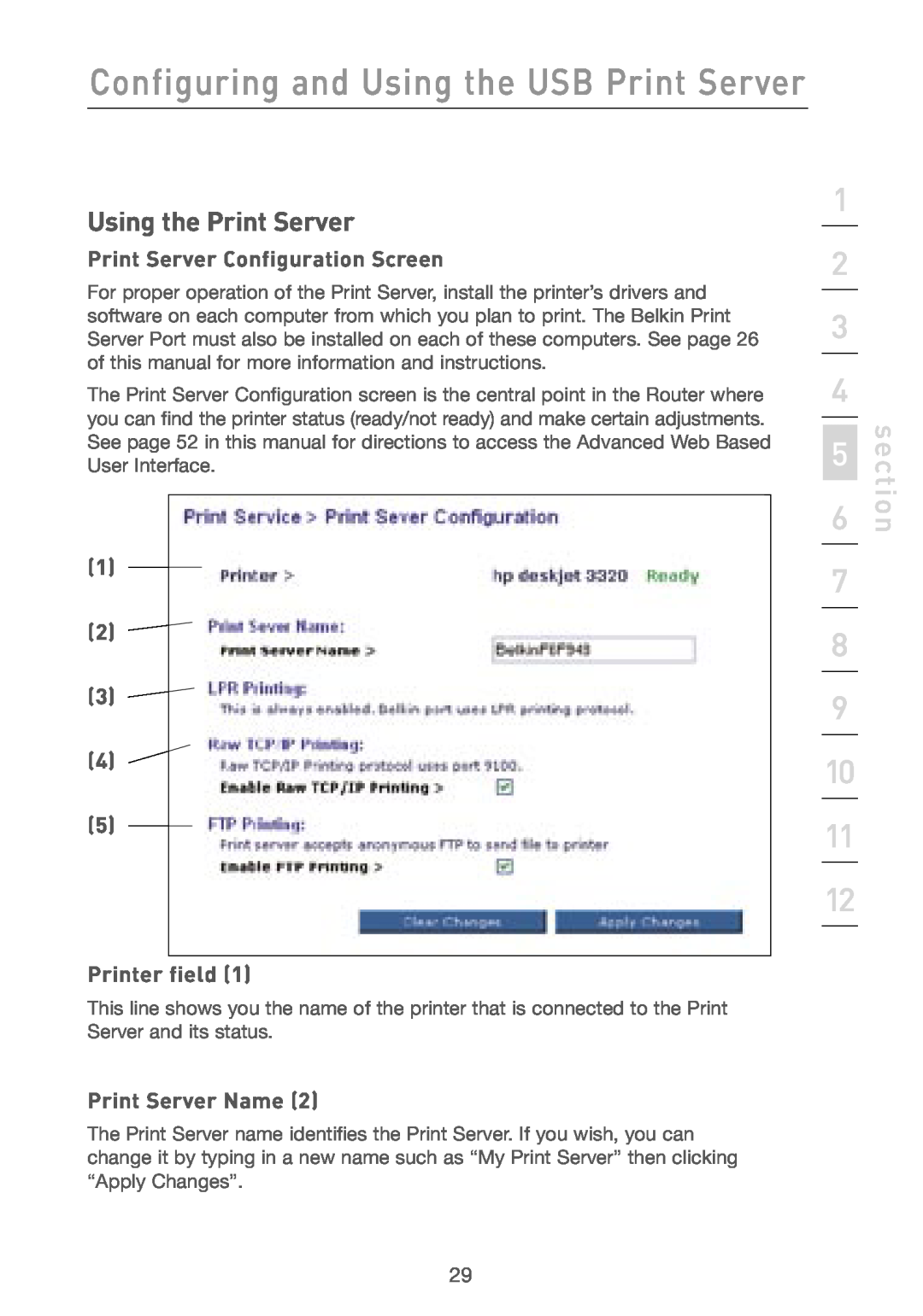 Belkin F5D7230AU4P Using the Print Server, Print Server Configuration Screen, Printer field, Print Server Name, section 