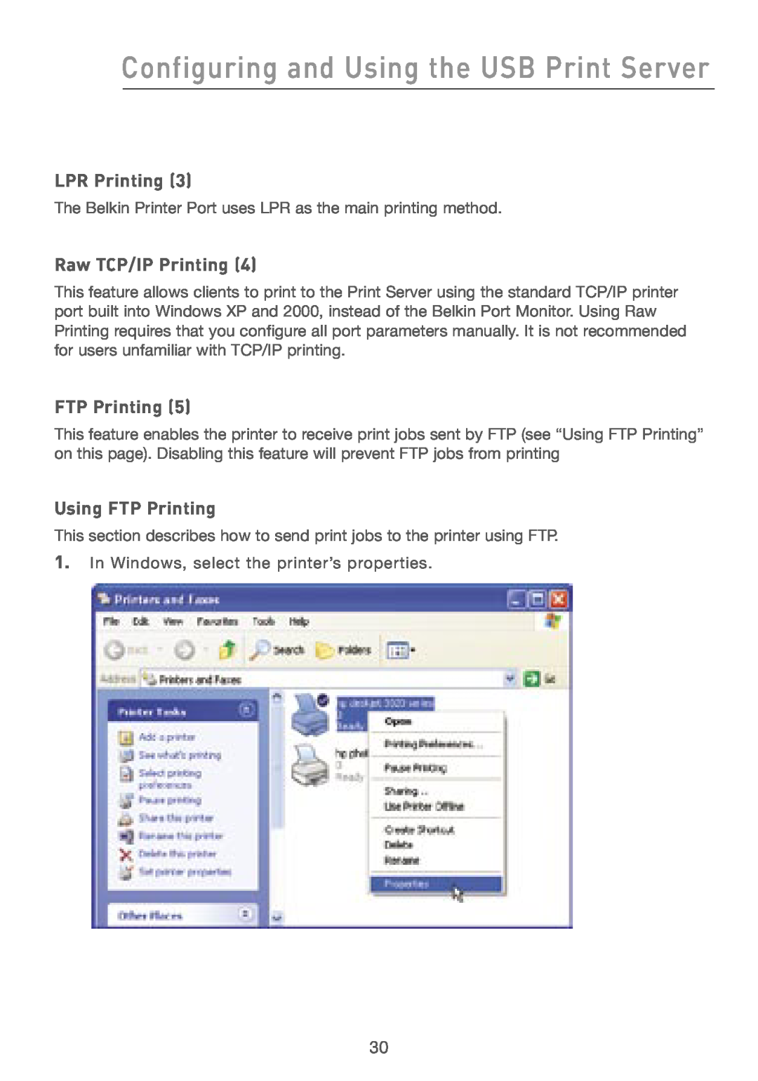 Belkin F5D7230AU4P LPR Printing, Raw TCP/IP Printing, Using FTP Printing, Configuring and Using the USB Print Server 