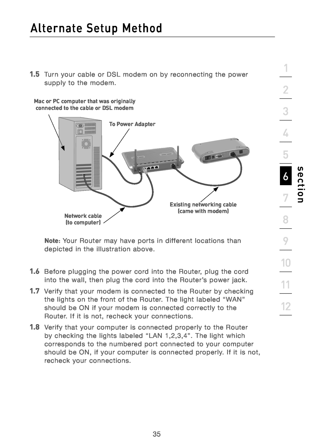 Belkin F5D7230AU4P Alternate Setup Method, section, To Power Adapter Existing networking cable, Network cable to computer 