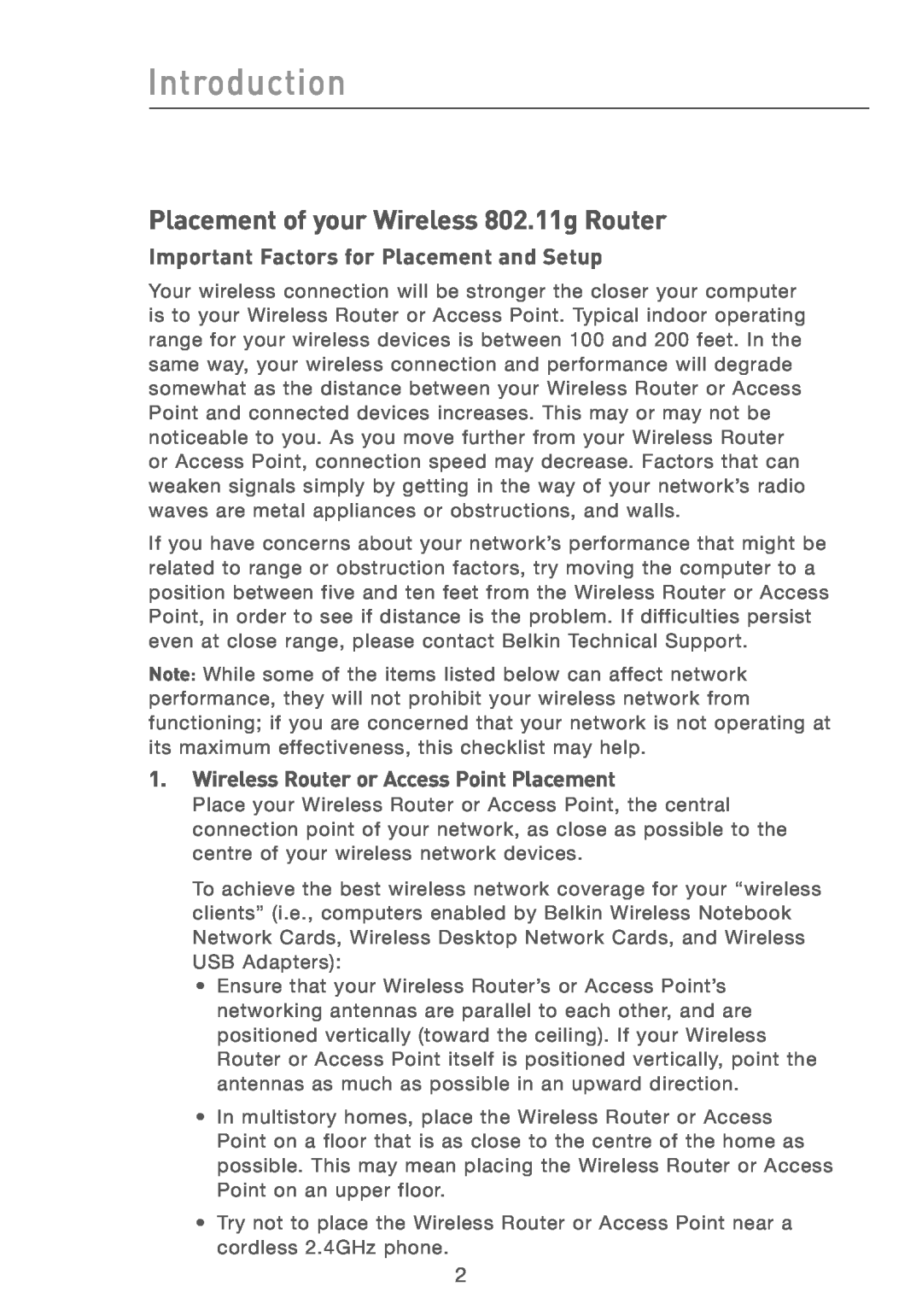 Belkin F5D7230AU4P Introduction, Placement of your Wireless 802.11g Router, Important Factors for Placement and Setup 