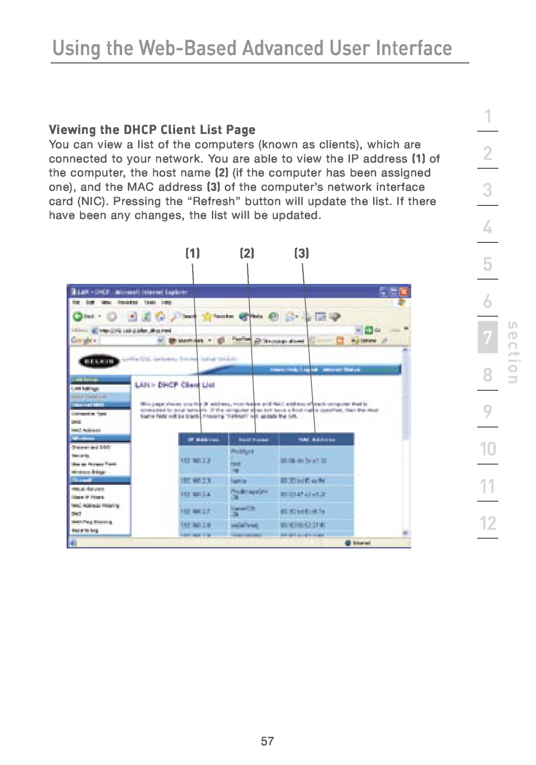 Belkin F5D7230AU4P user manual Using the Web-Based Advanced User Interface, Viewing the DHCP Client List Page, section 