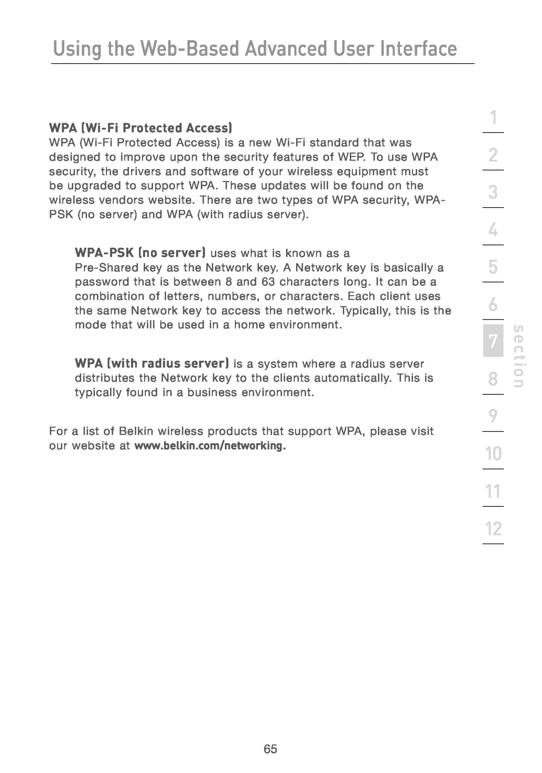 Belkin F5D7230AU4P user manual WPA Wi-Fi Protected Access, Using the Web-Based Advanced User Interface, section 